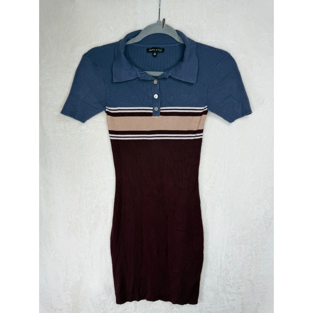 Kendall‎ & Kylie Ribbed Knit Mini Dress Women XS Blue Burgundy Striped